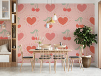 Playful cherry wallpaper with red and pink hearts

