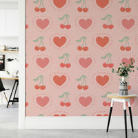 Cherry wallpaper with hearts on light background

