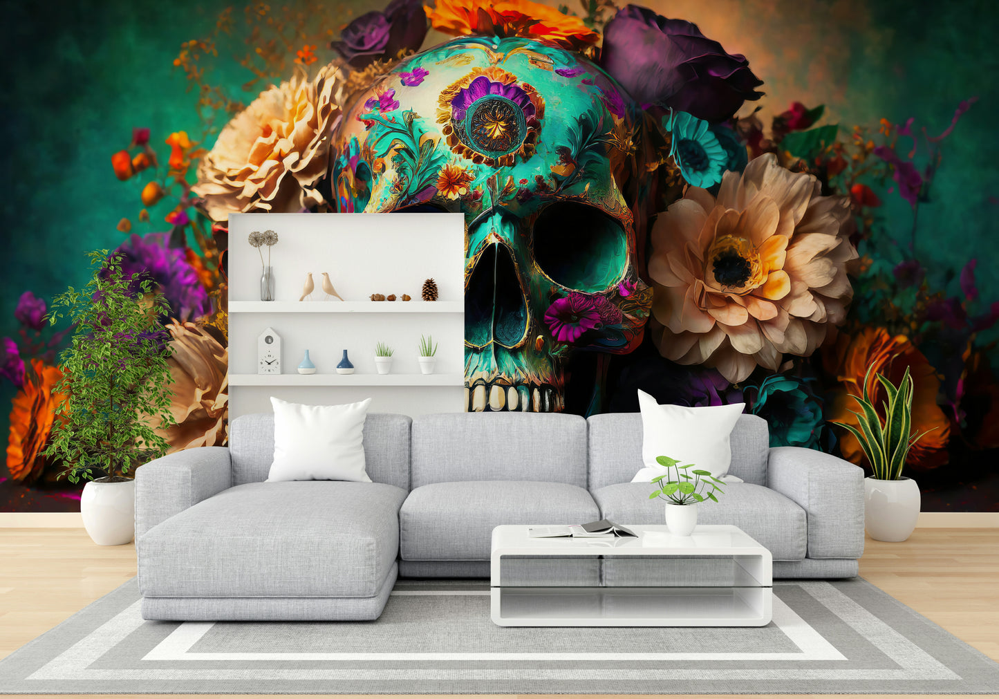 Floral skull design symbolizing life and beauty

