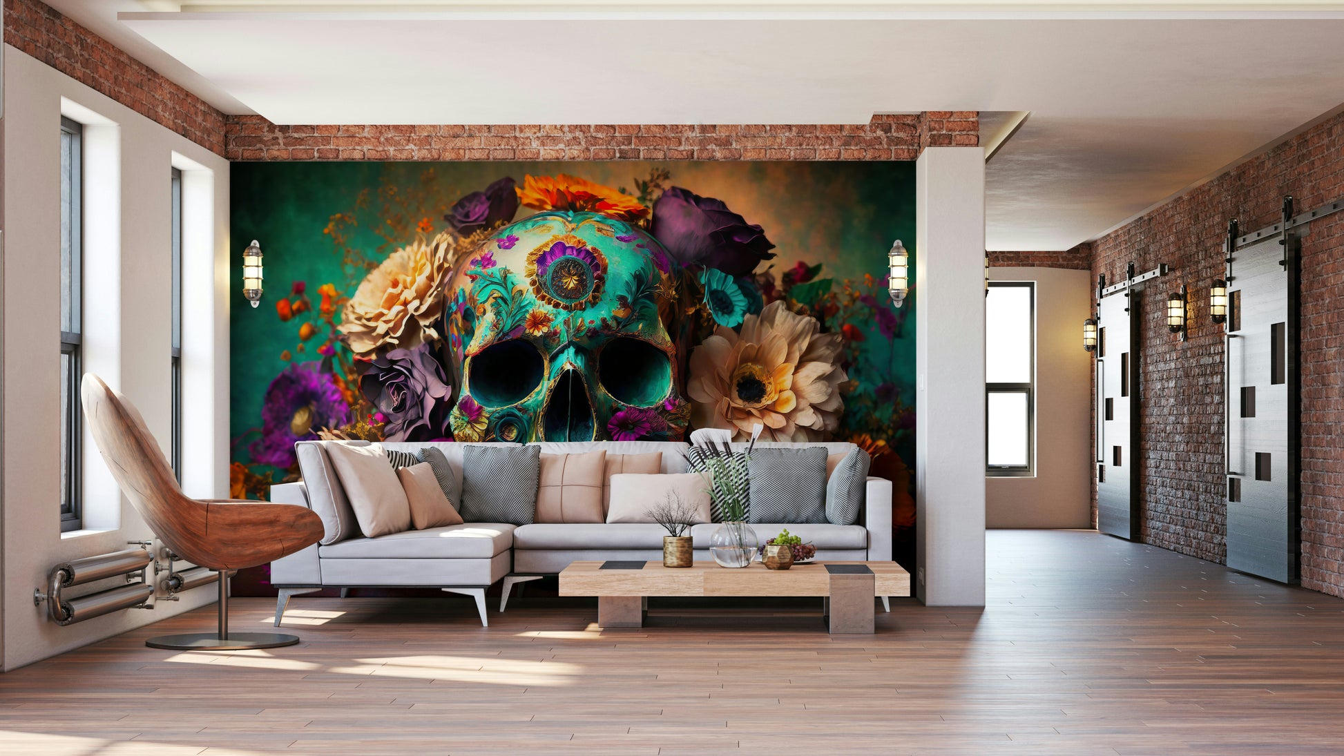 Celebration of Life wall mural featuring floral skull

