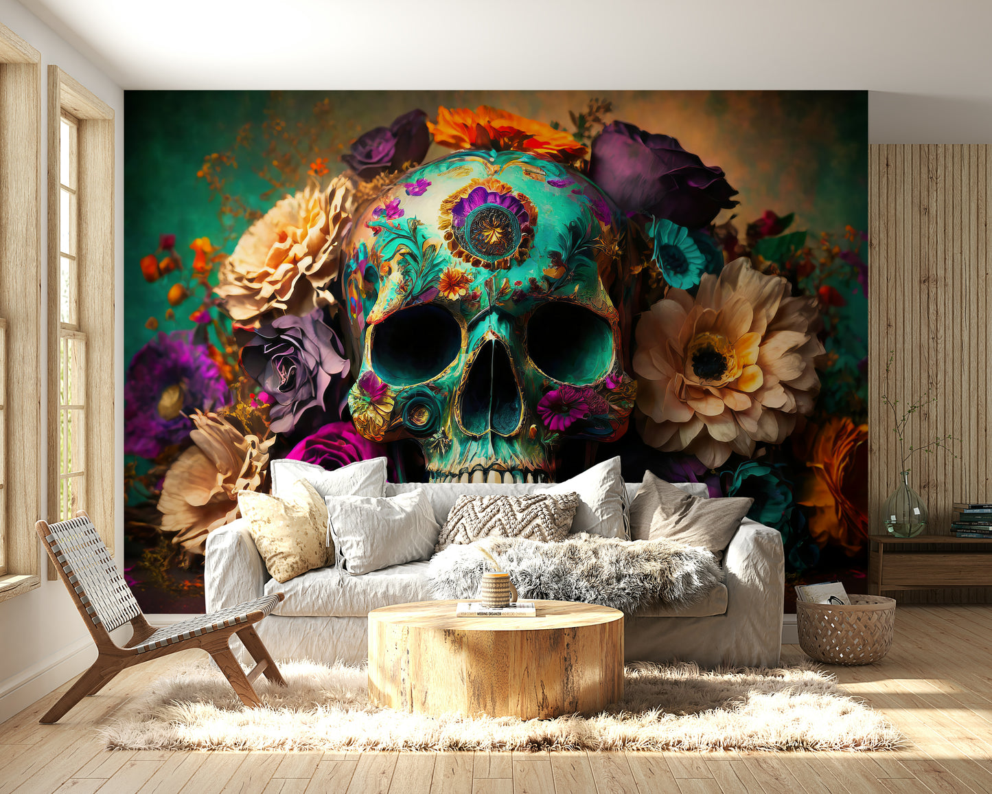 Whimsical floral skull mural with symbolic meaning

