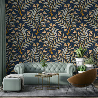 Deep blue floral wallpaper with botanical elegance

