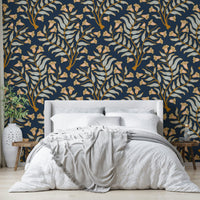 Ornate damask wallpaper in dark blue floral design

