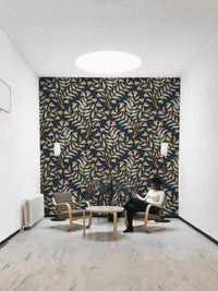 Traditional damask wallpaper with bold blue palette

