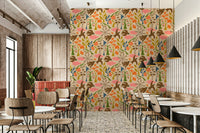 Garden birds wallpaper with summer floral pattern

