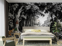 Black and white wall mural with forest scene

