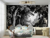 Elegant forest mural in modern black & white style

