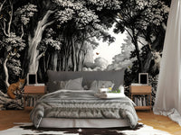 Layered tree mural in crisp black and white

