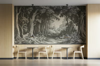 Moody forest mural in deep gray hues

