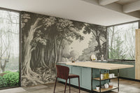 Sophisticated forest mural in monochrome slate

