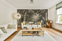 Slate-colored woodland mural for modern interiors

