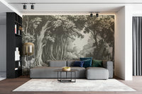 Contemporary forest mural in cool slate palette

