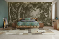 Tranquil forest wall mural in earthy green tones

