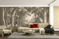 Misty forest mural with subtle mushroom hues

