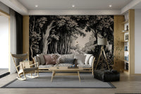 Wall mural of trees in black over off-white canvas

