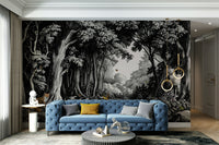 Misty woodland mural in neutral black and cream tones

