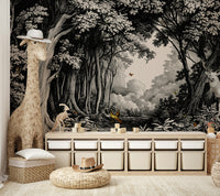 Monochrome forest wall mural with tree silhouettes

