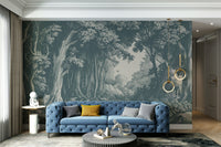 Teal forest wall mural with layered tree silhouettes

