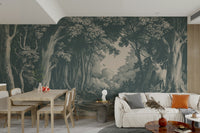 Mystical woodland mural in calming teal hues

