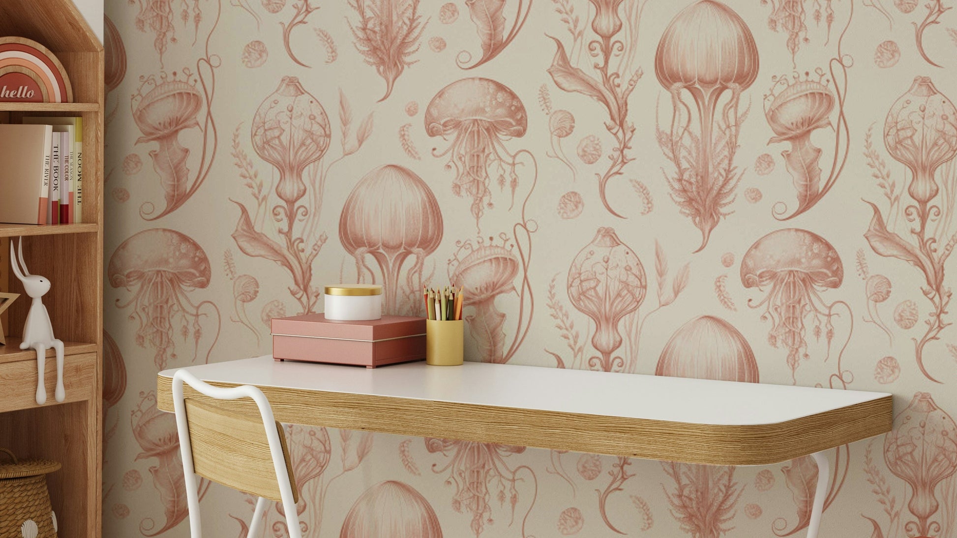 Fantastic Jellyfish Wallpaper in peaches and cream tones

