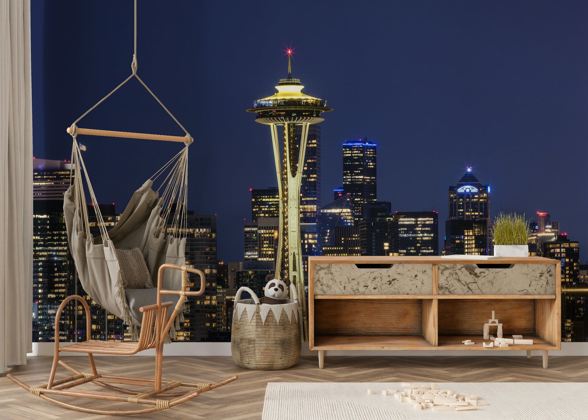Twilight Seattle skyline with Space Needle and city lights mural

