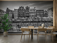 Monochrome Amsterdam mural showing Singel Canal and bikes

