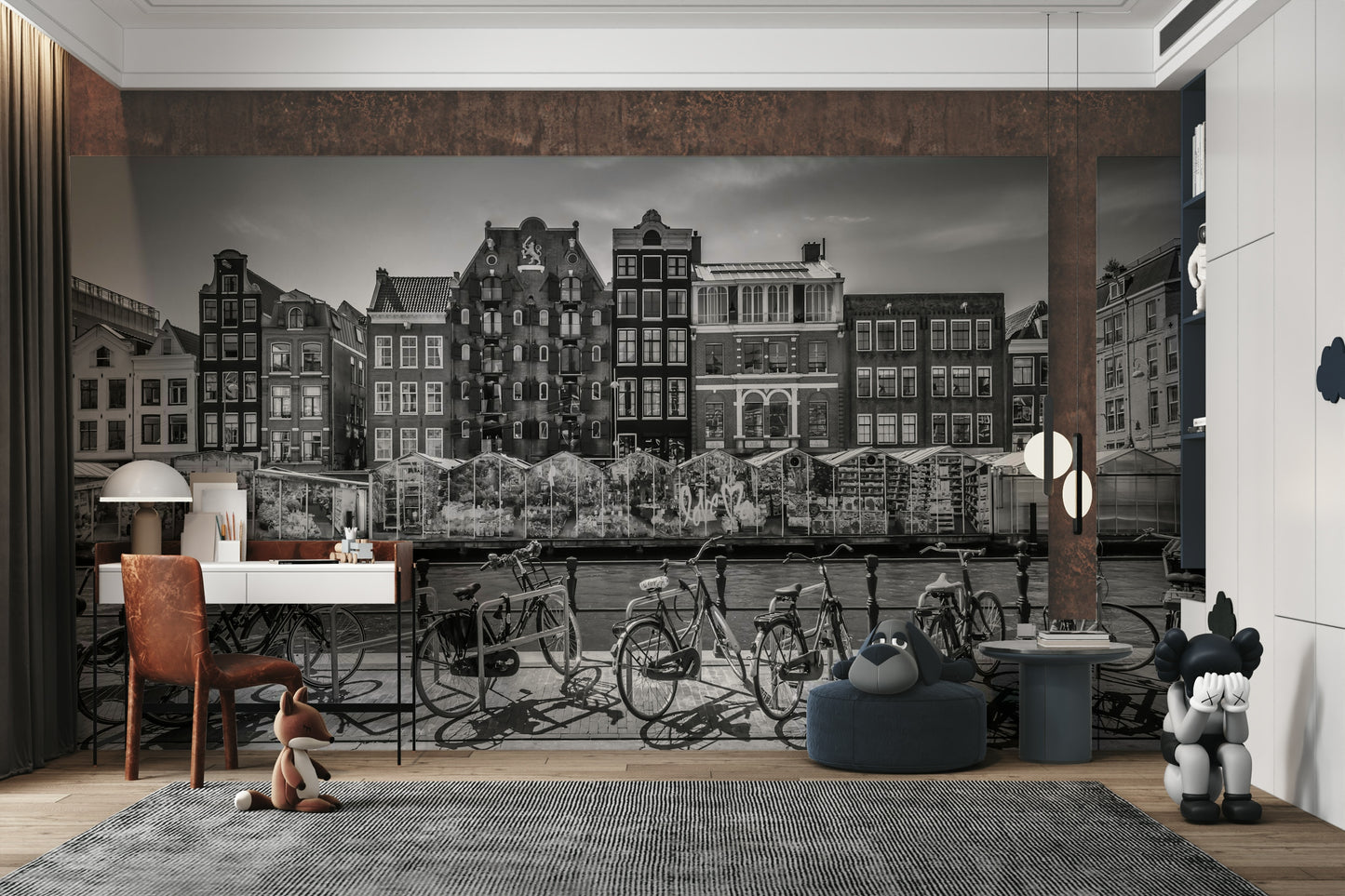 Black and white wall mural showing urban reflections


