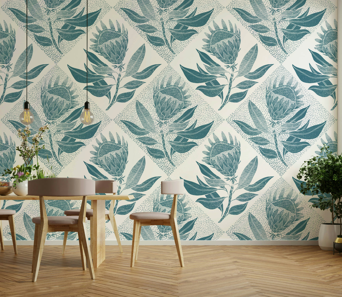 Bold protea flowers on a turquoise background

