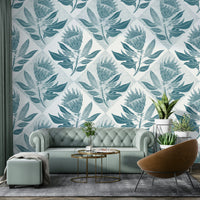 Close-up of floral protea design with turquoise tones

