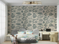 Teal fish species swimming on sandy toned wallpaper mural

