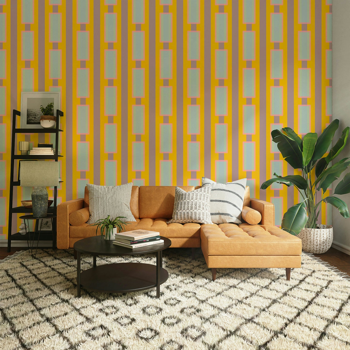 Office wall with fun repeating pattern in yellow

