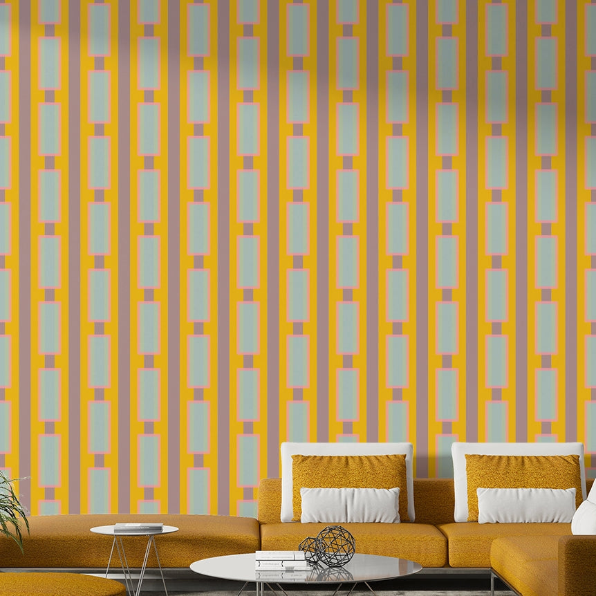 Playroom wall covered in yellow geometric wallpaper

