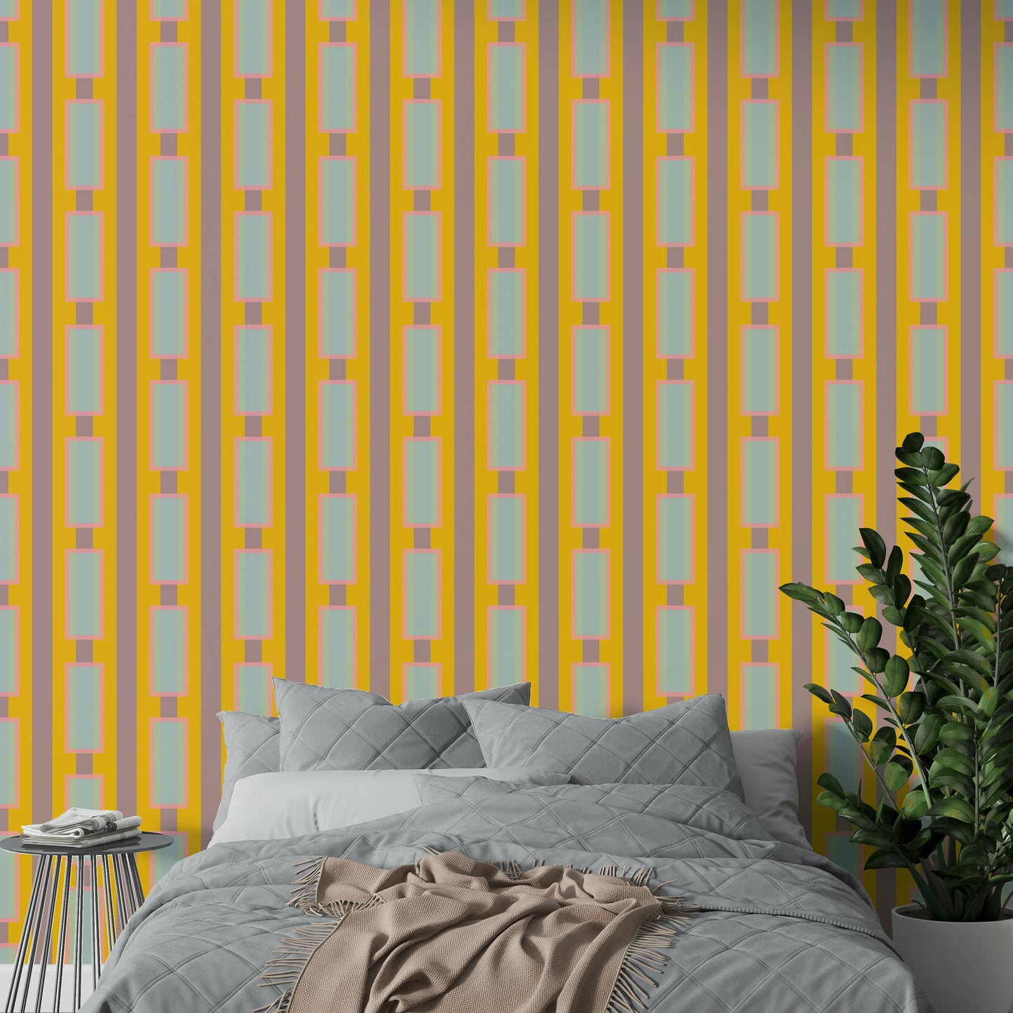 Kitchen accent wall featuring yellow geometry

