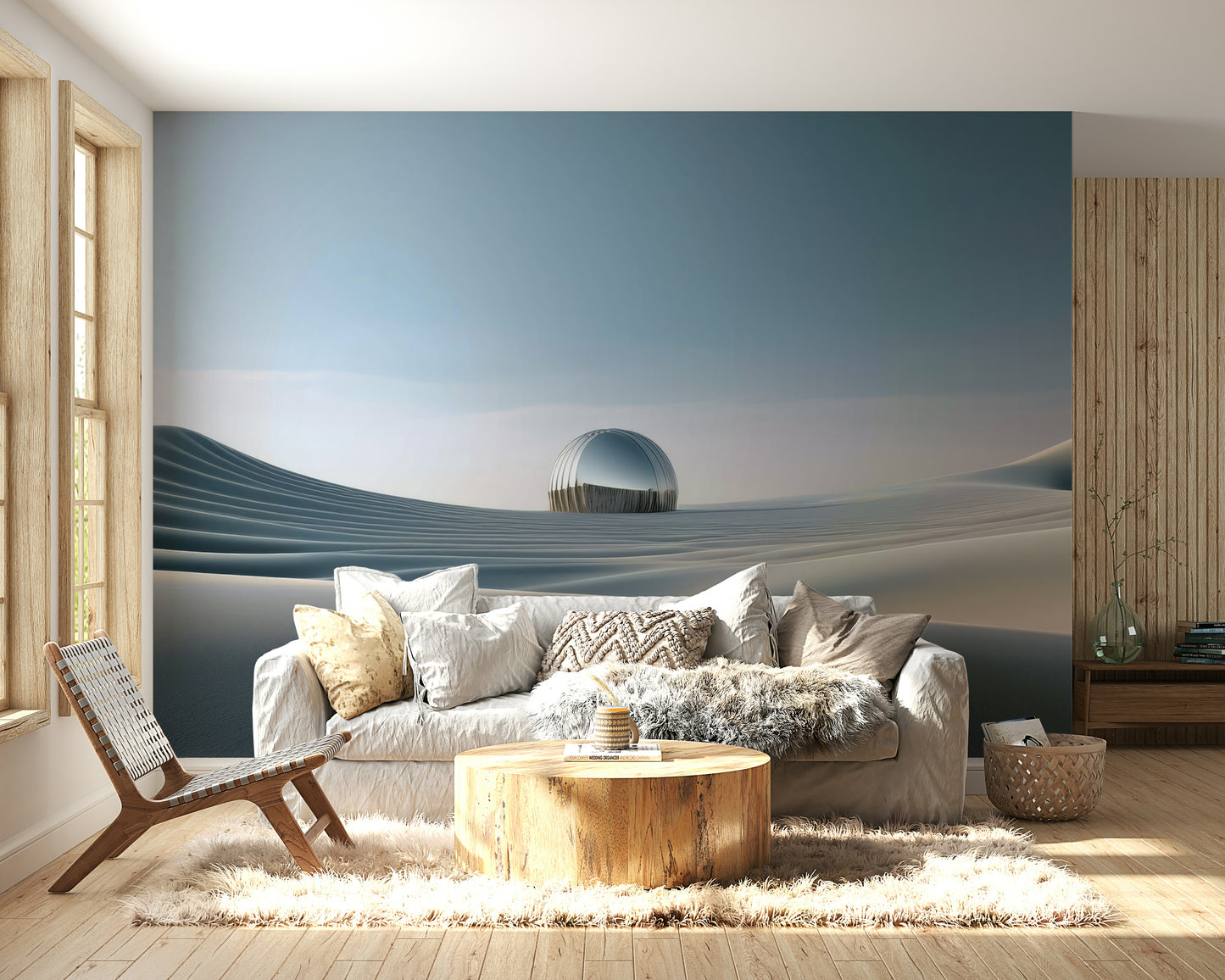 Bedroom wall mural with soft sand tones

