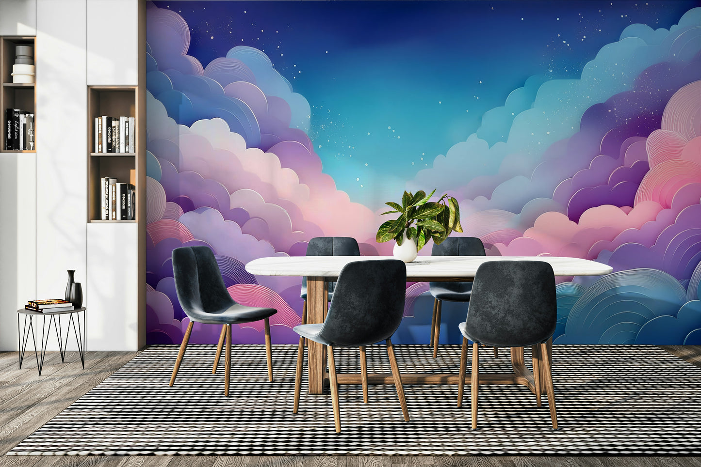 Nursery wall covered in cotton candy skies wallpaper

