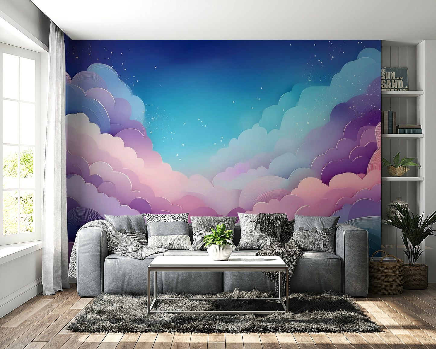 Pale blue, pink, and violet cloudscape on matte mural

