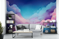 Calming pastel cloud wall mural in bedroom setting

