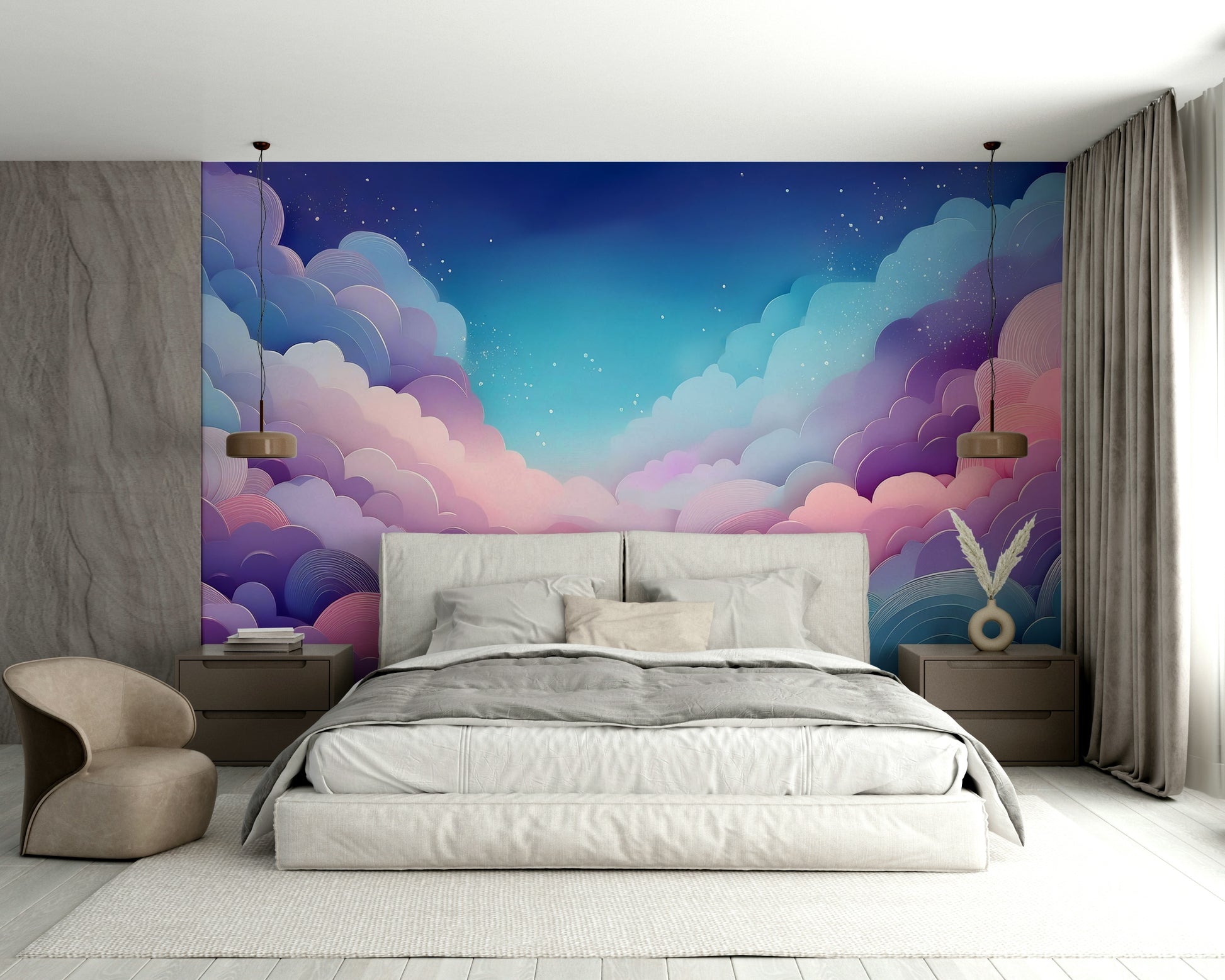 Wallpaper for walls showing colorful sunset‑like clouds

