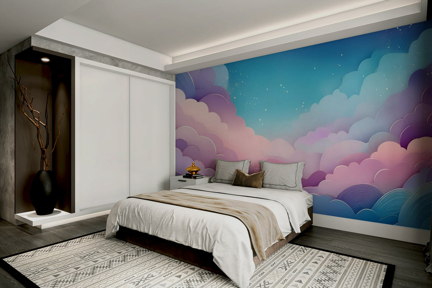 Soft pastel pink and lavender clouds in mural wallpaper

