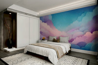 Soft pastel pink and lavender clouds in mural wallpaper


