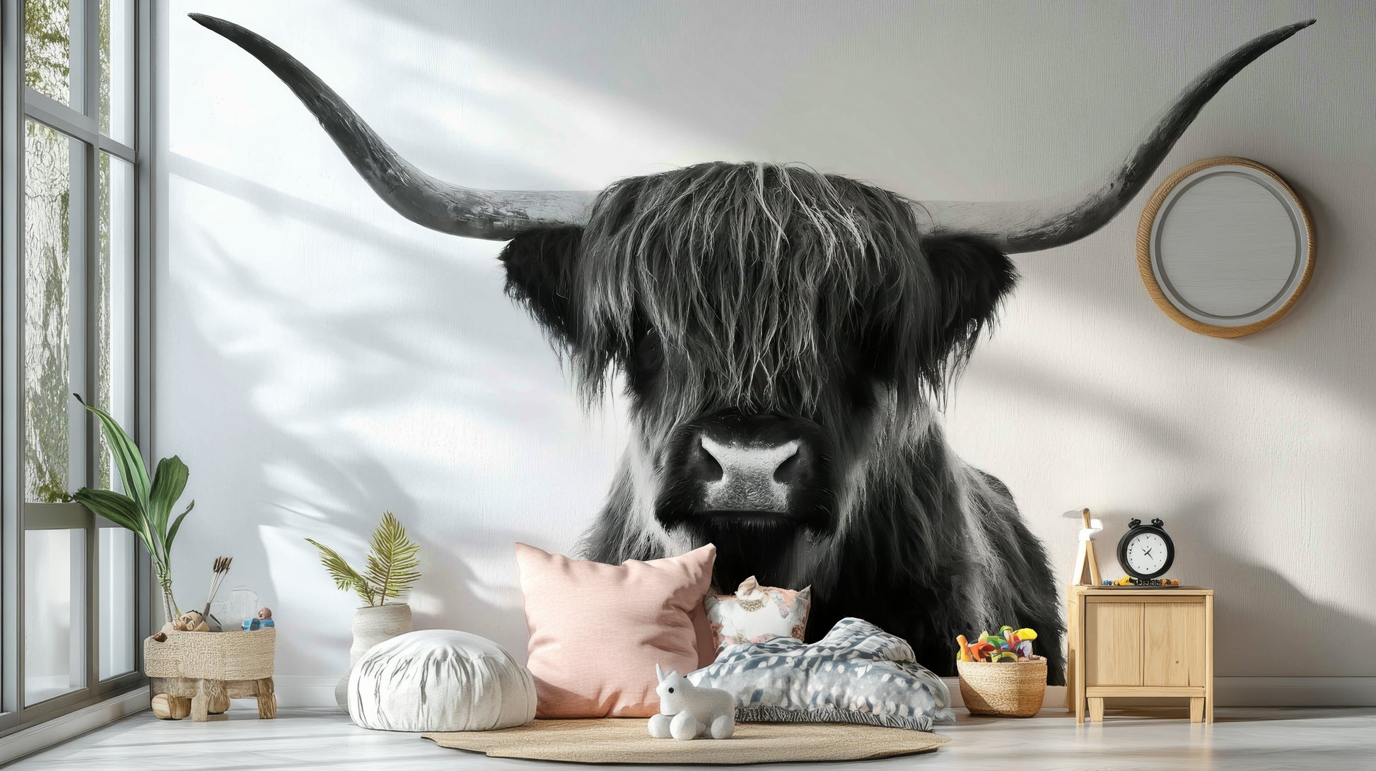 Monochrome cow portrait wallpaper for living room wall

