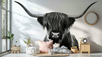 Monochrome cow portrait wallpaper for living room wall

