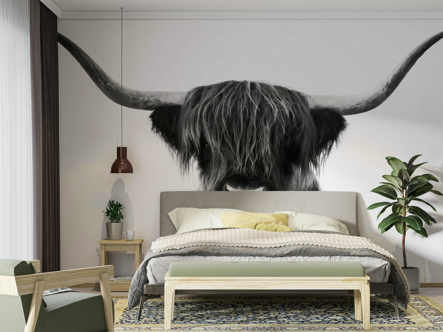 Highland cow wall mural with bold contrast and details

