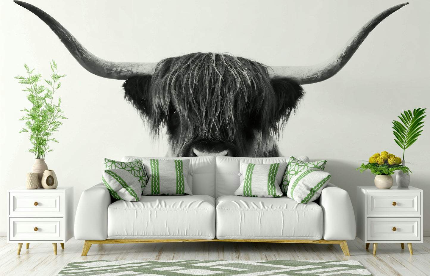 Black‑and‑white close‑up of Highland cow face and horns mural

