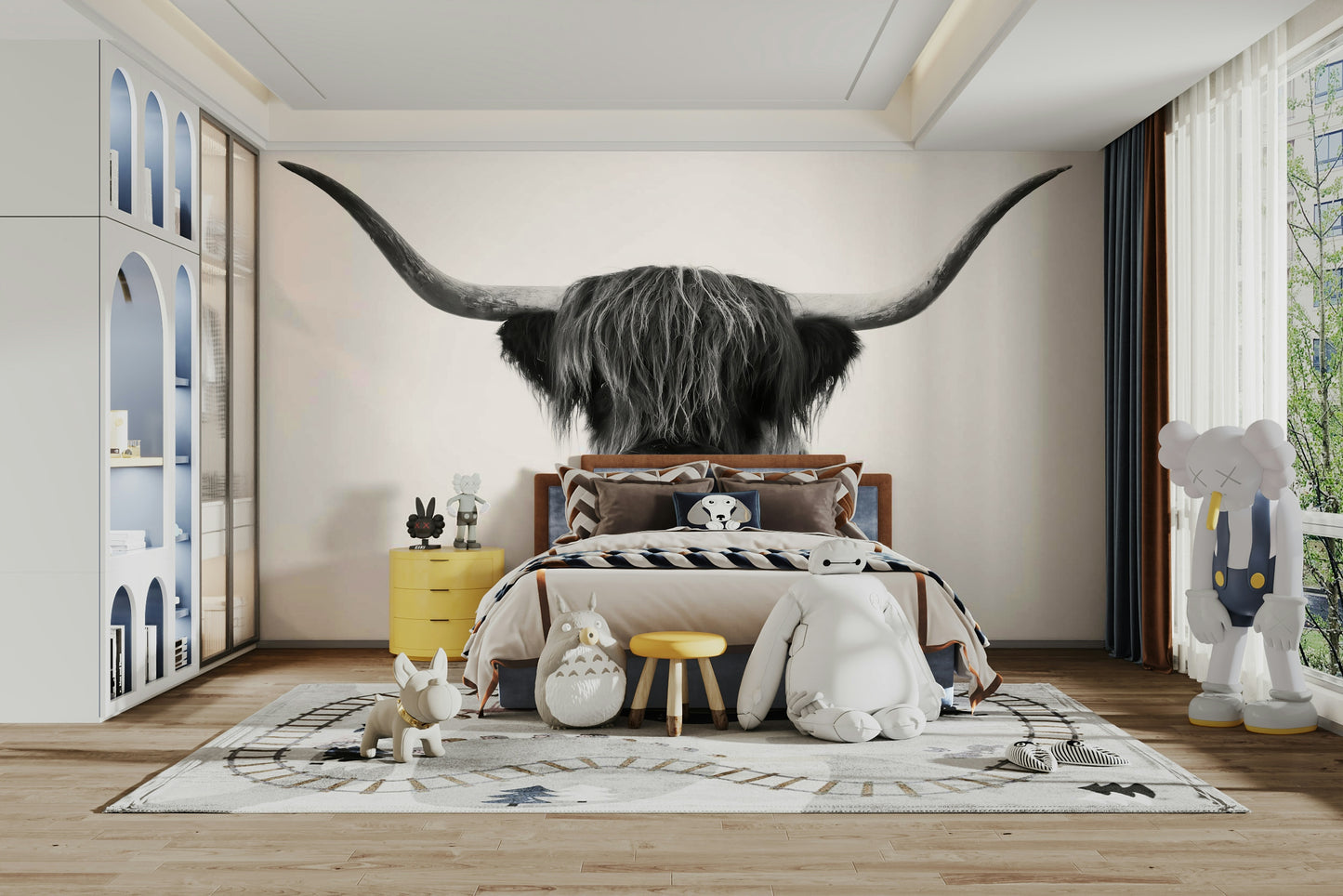 Rustic minimalist wall mural showing Highland cow horns

