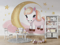Nursery wall mural of pony under moonlit sky

