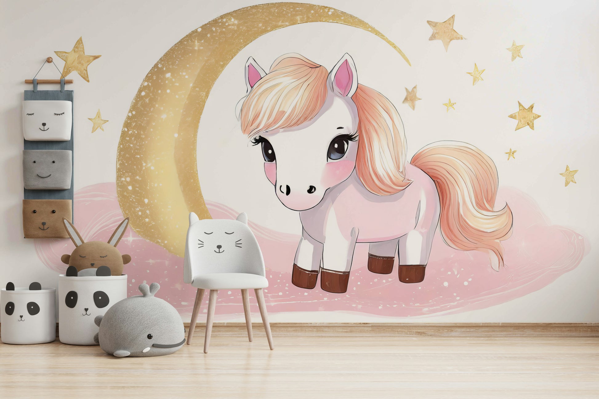 Dreamy pony wall mural in children's bedroom

