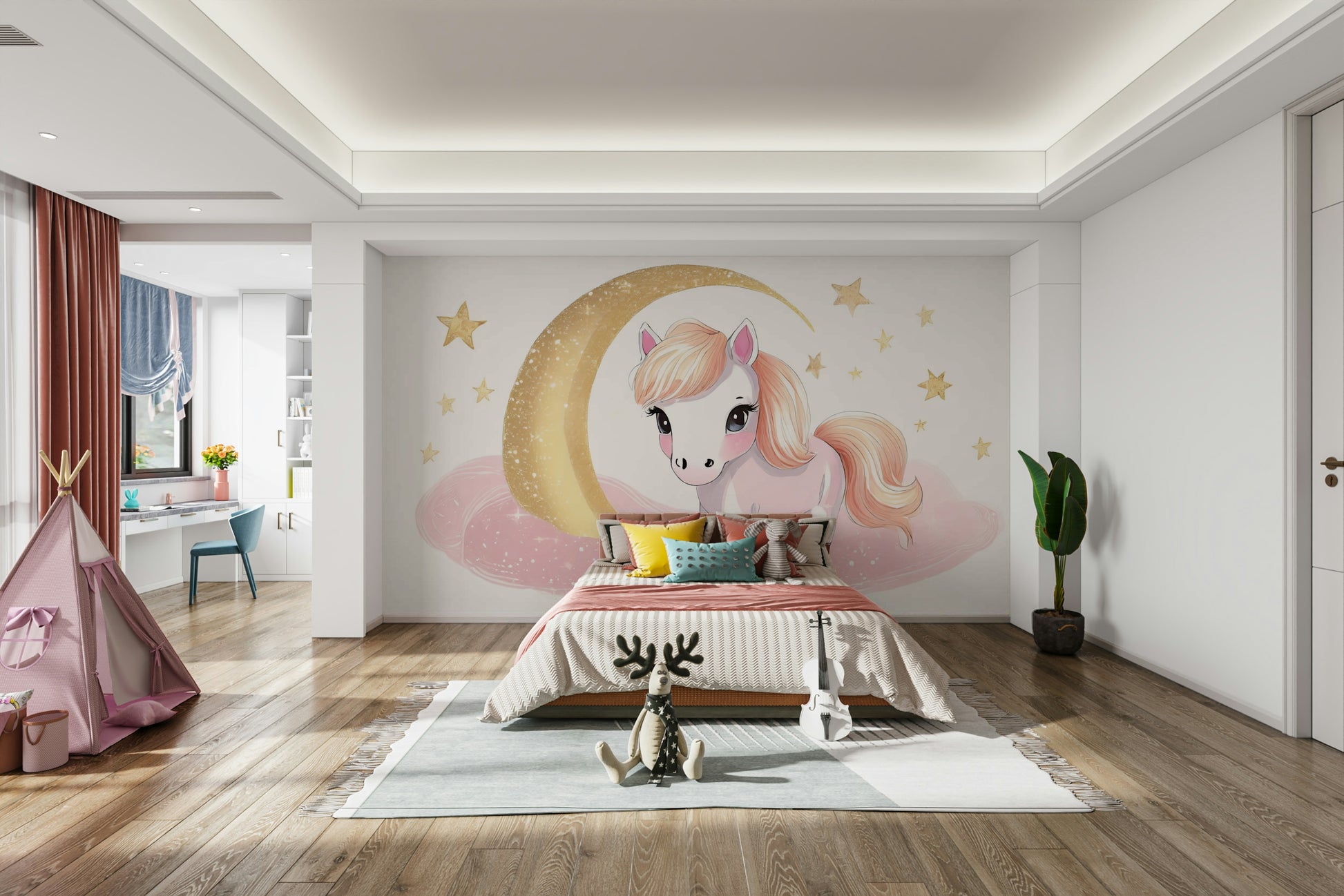 Close‑up of pony illustration on soft pink cloud

