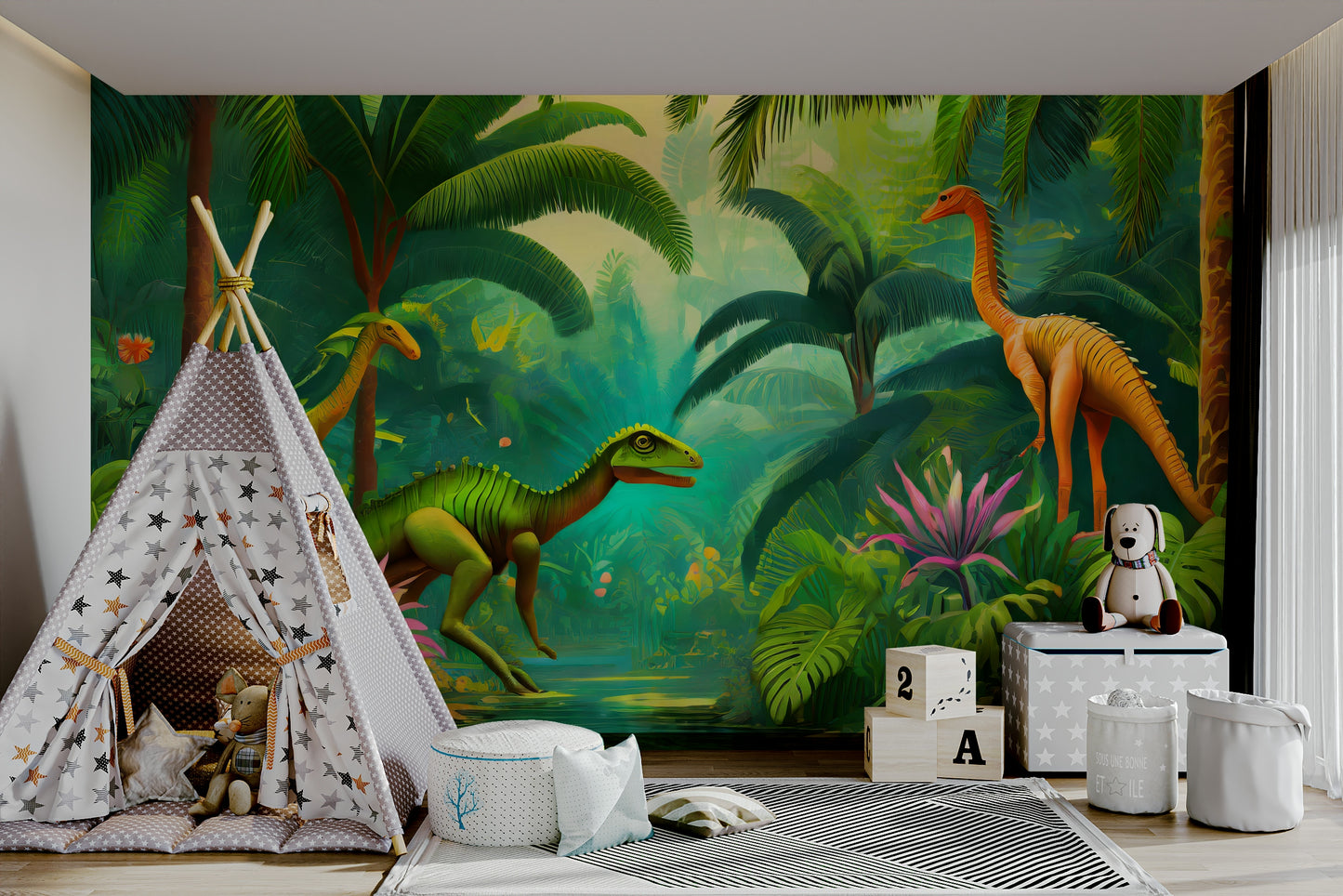 Wide mural wallpaper portraying a Jurassic oasis

