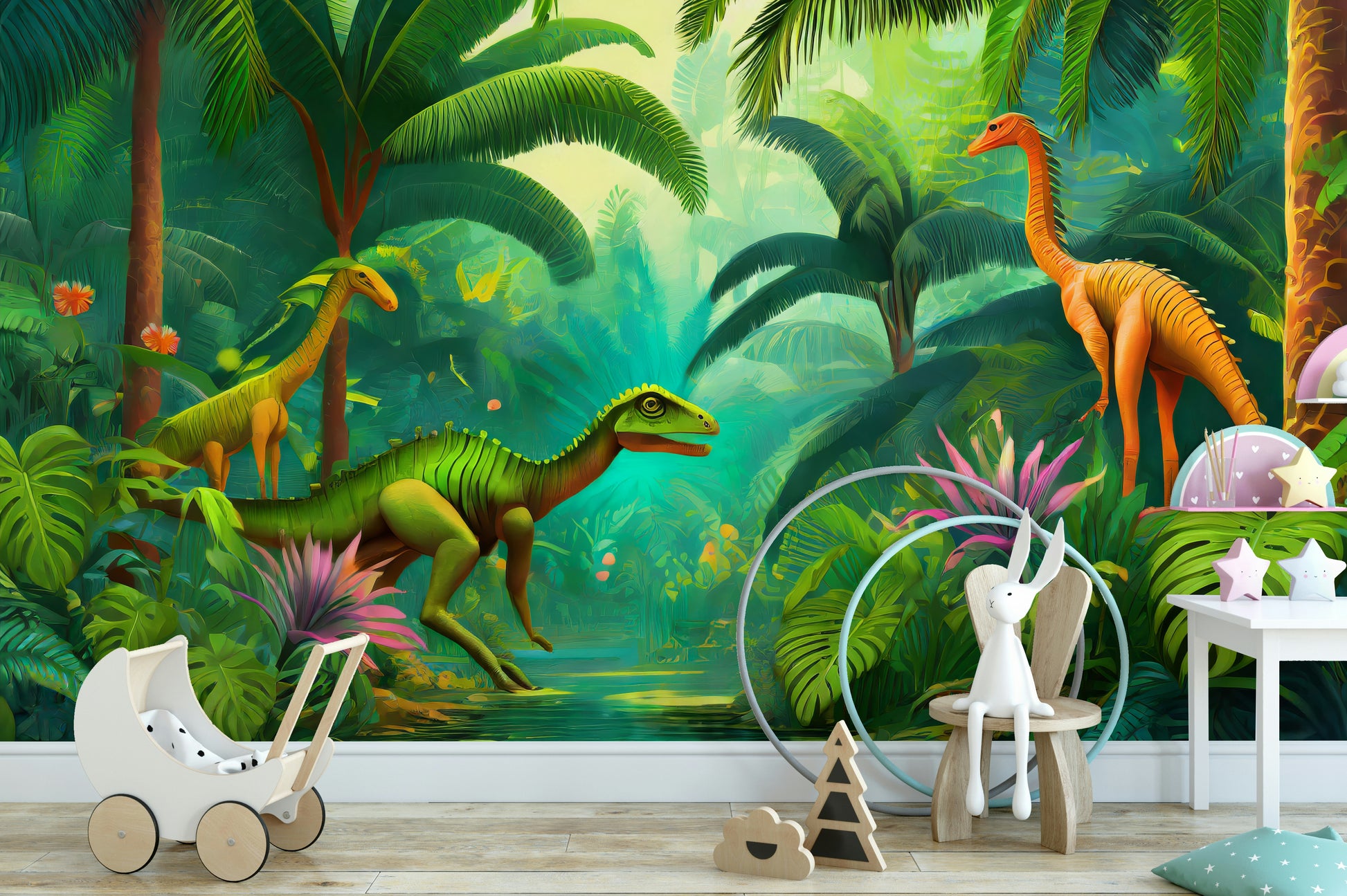 Prehistoric forest wallpaper mural in kids’ bedroom


